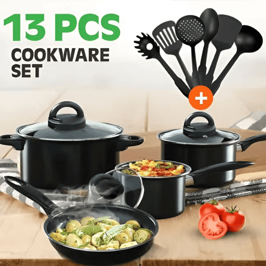 Set de 13 Piezas de Cocina | 3 Ollas Antiadherentes + 1 Sarten Antiadherente + Utensilios 🔥 50% OFF 🔥